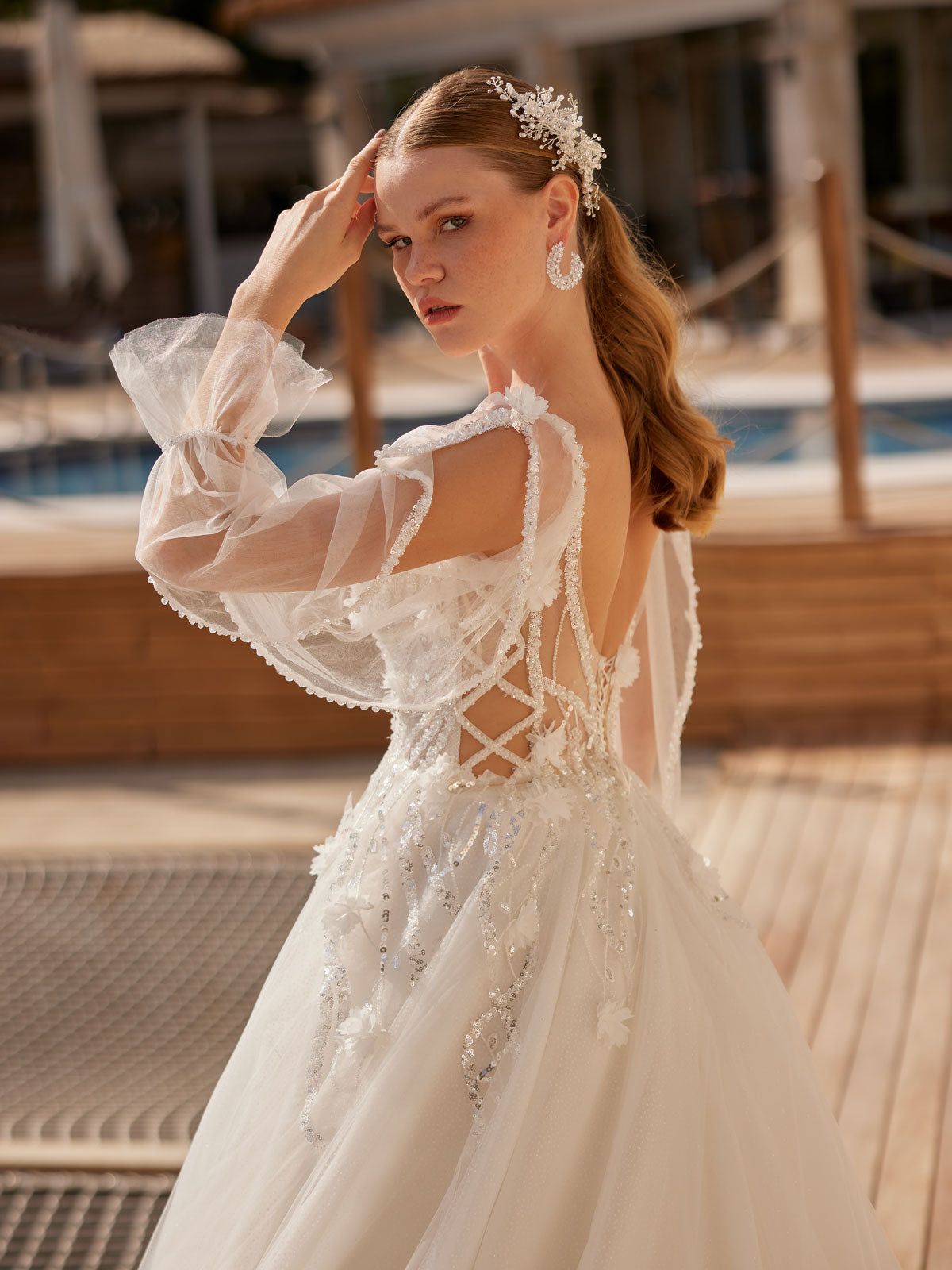 bohemian bride dresses Flower Lace Romantic Bohemian Fancy Long Sleeve Tulle Bridal Dress 44