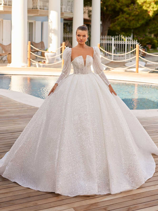 Juliet Sleeve Wedding Dress, Tulle Long Sleeve Ball Gown Satin