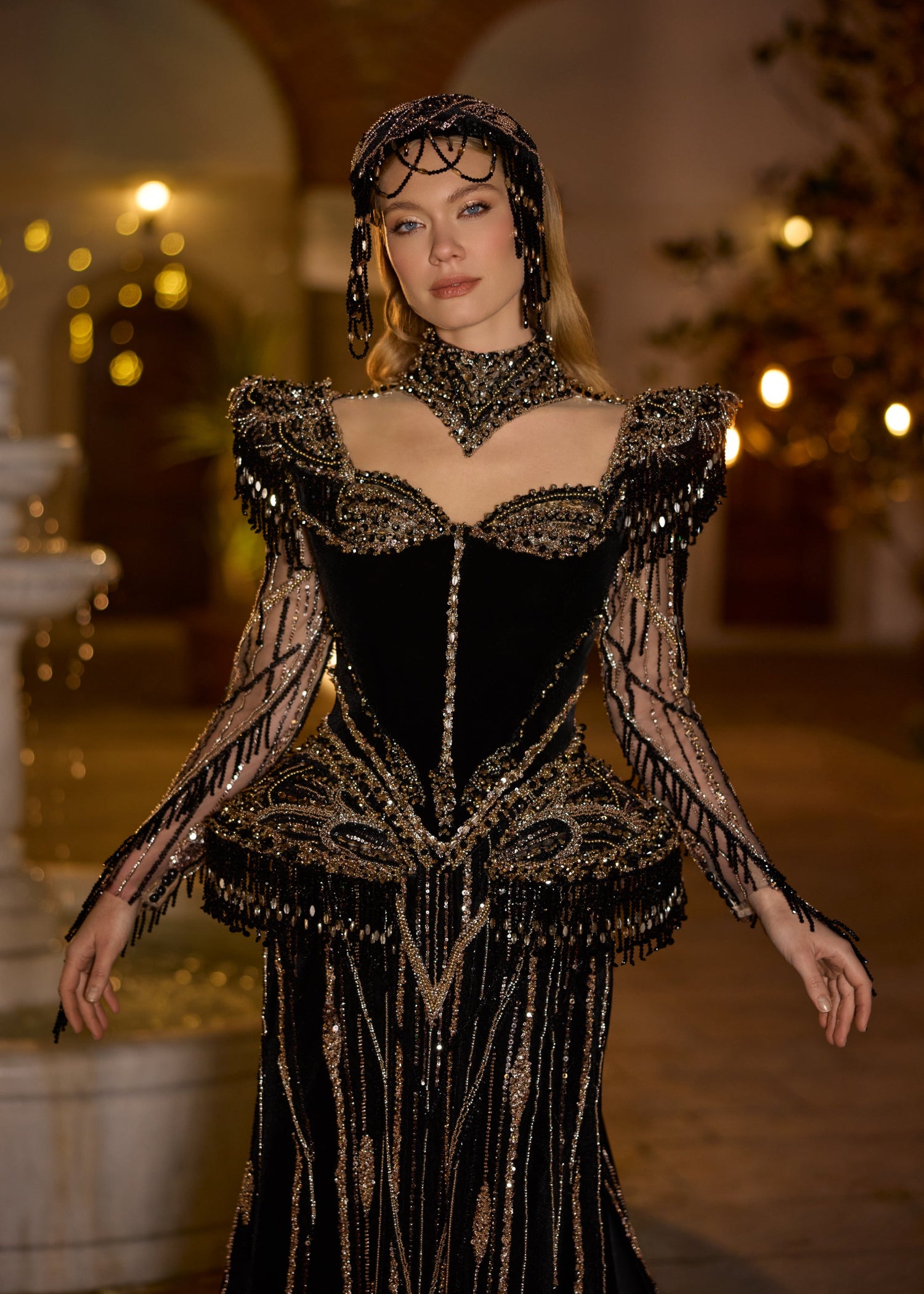 Black Velvet Cutout Henna Dress Set with Choker & Headpiece – Sultan Dress