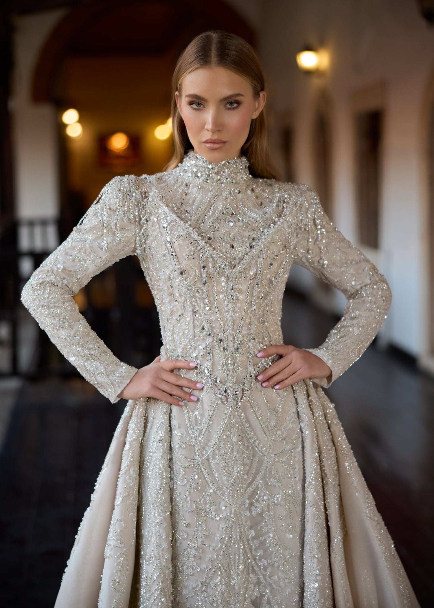 Luxury Ivory Crystals Haute Couture Hijab Wedding Dress 38