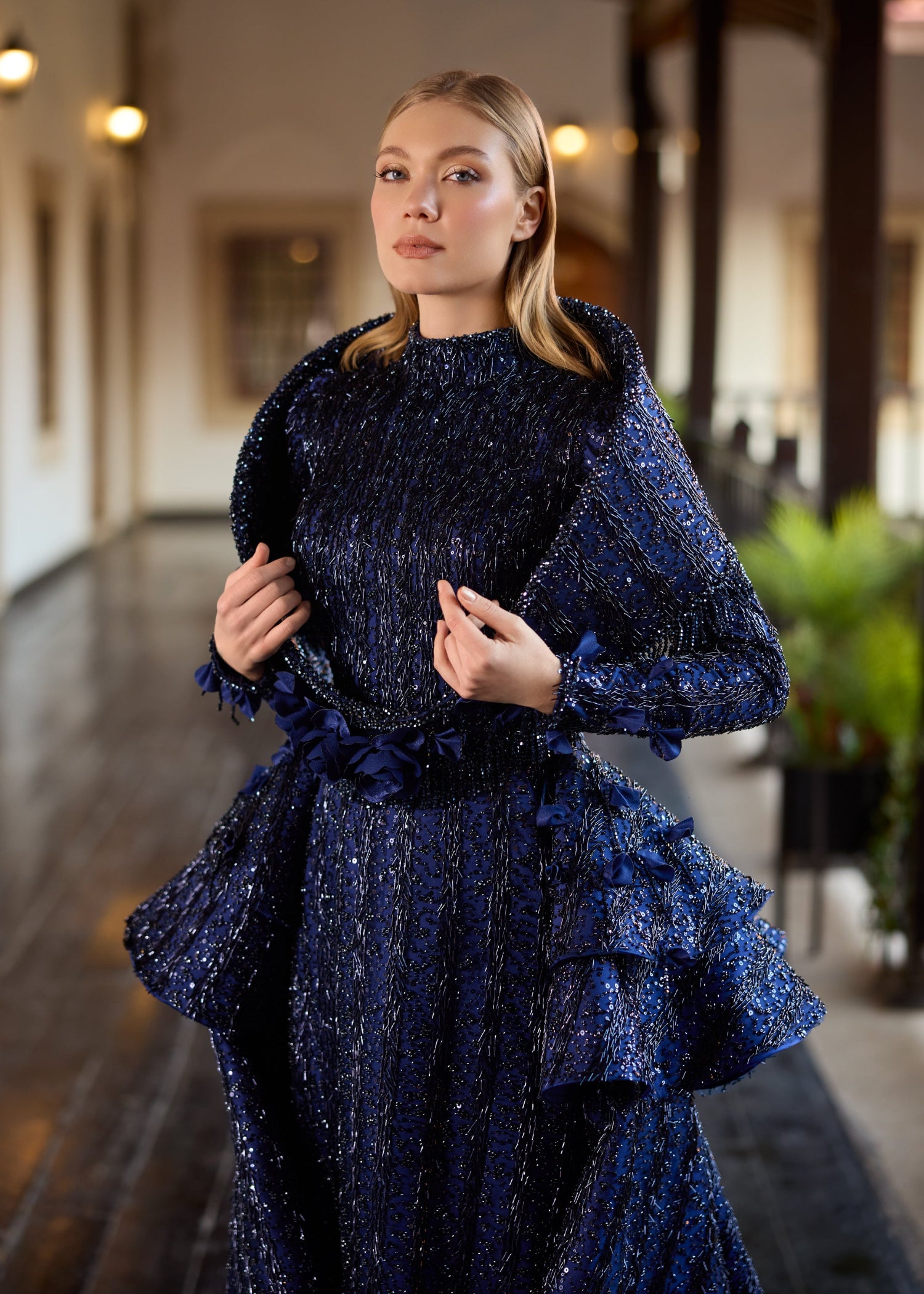 Navy Blue Hand-Beaded Modest Gown with Detachable Skirt & Shawl | Customizable to Modern Strapless