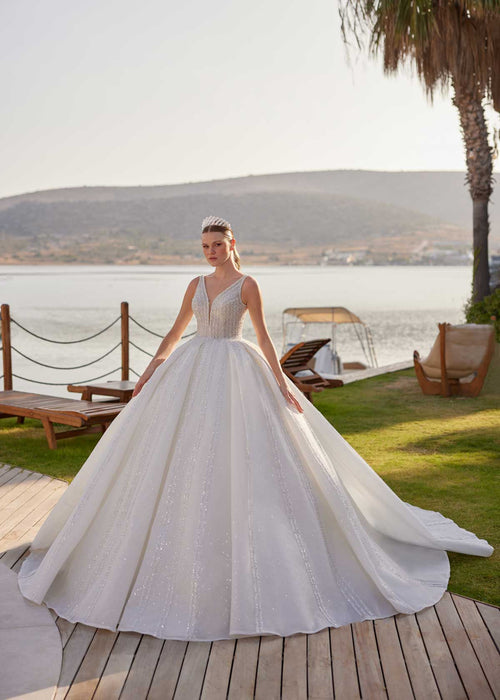 buy affordable Beautiful White Deep V Neck Backless Princess Tulle Bridal Gown for plus sizes tall brides online boutique shop