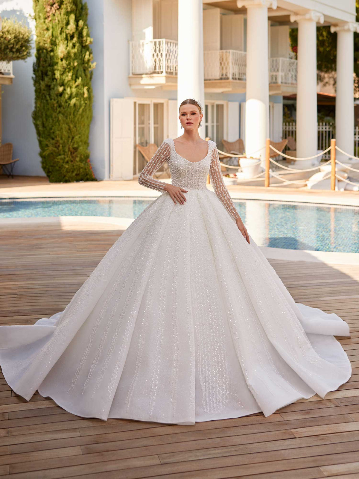 buy Classic Yet Elegant A line Pearl Beaded Wedding Dress Gown With Sleeves online bridal shops