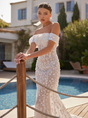 Elegant Off Shoulder Floral Sequins Pearl Embellished Corset Trumpet Wedding Dress