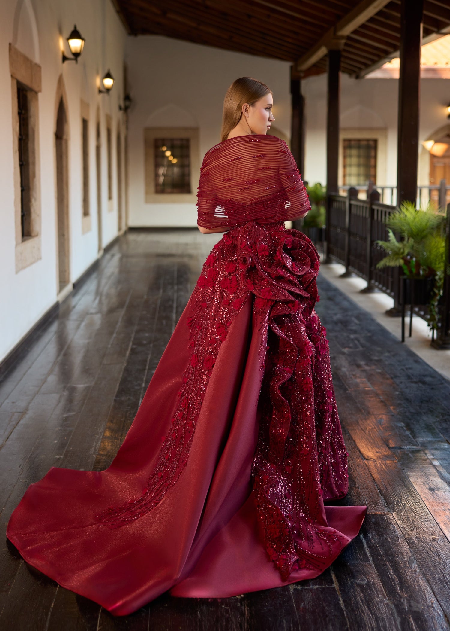 Burgundy 3D Floral Henna Gown with Detachable Skirt & Slit