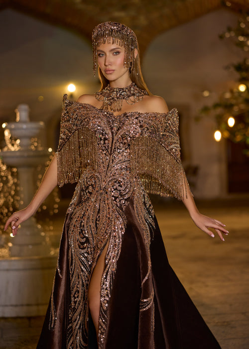 Close-up view highlighting the luxury hand-beaded crystal fringe cape, the coordinating metallic choker collar, and the matching draped fringe crown included in the 3-piece set by Sultan Dress.