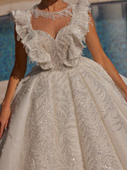 Stunning Illusion Neck Shiny Ball Gown Wedding Dress With Ruffles