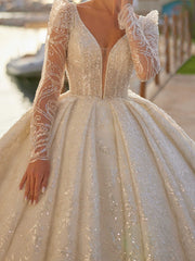 buy  a deep V-neck and long tulle sleeves  princess ballgown wedding dress online
