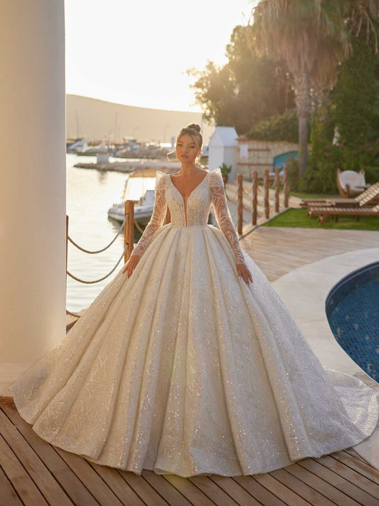 buy Simple Yet Elegant Long Sleeve Deep Neck Wedding Dress With Lace  online shop