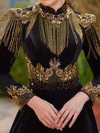 buy Black Velvet Henna Gown Dress With Gold Lace Embellishments And Fringed online henna party gowns plus size