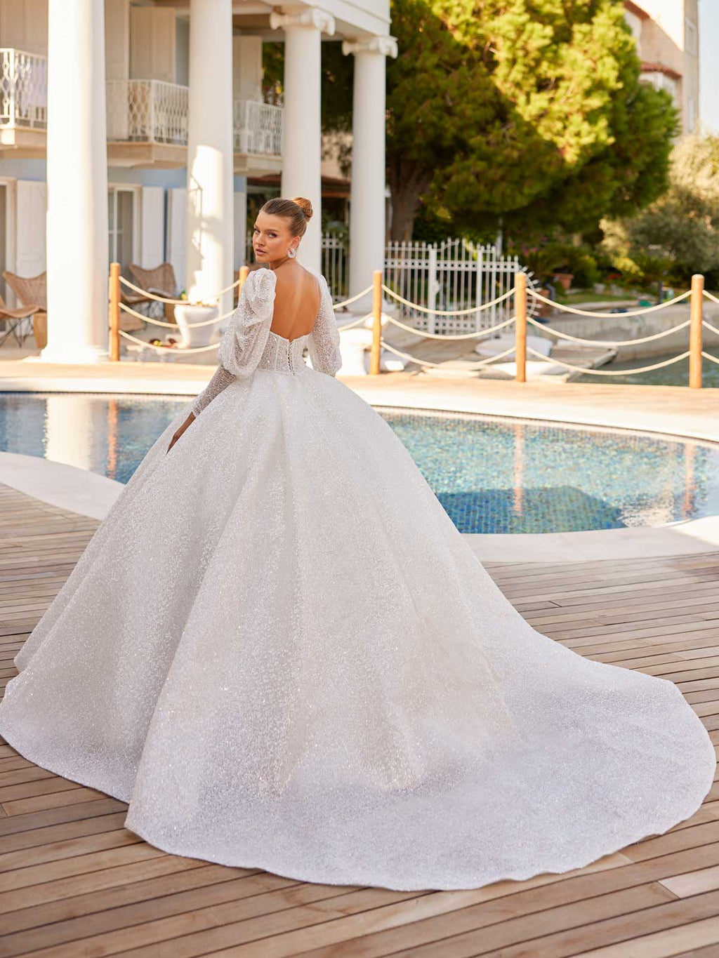 Classy Elegant Strapless Plunging Neckline Juliet Sleeve Shinny Glitter Bridal Gown 42