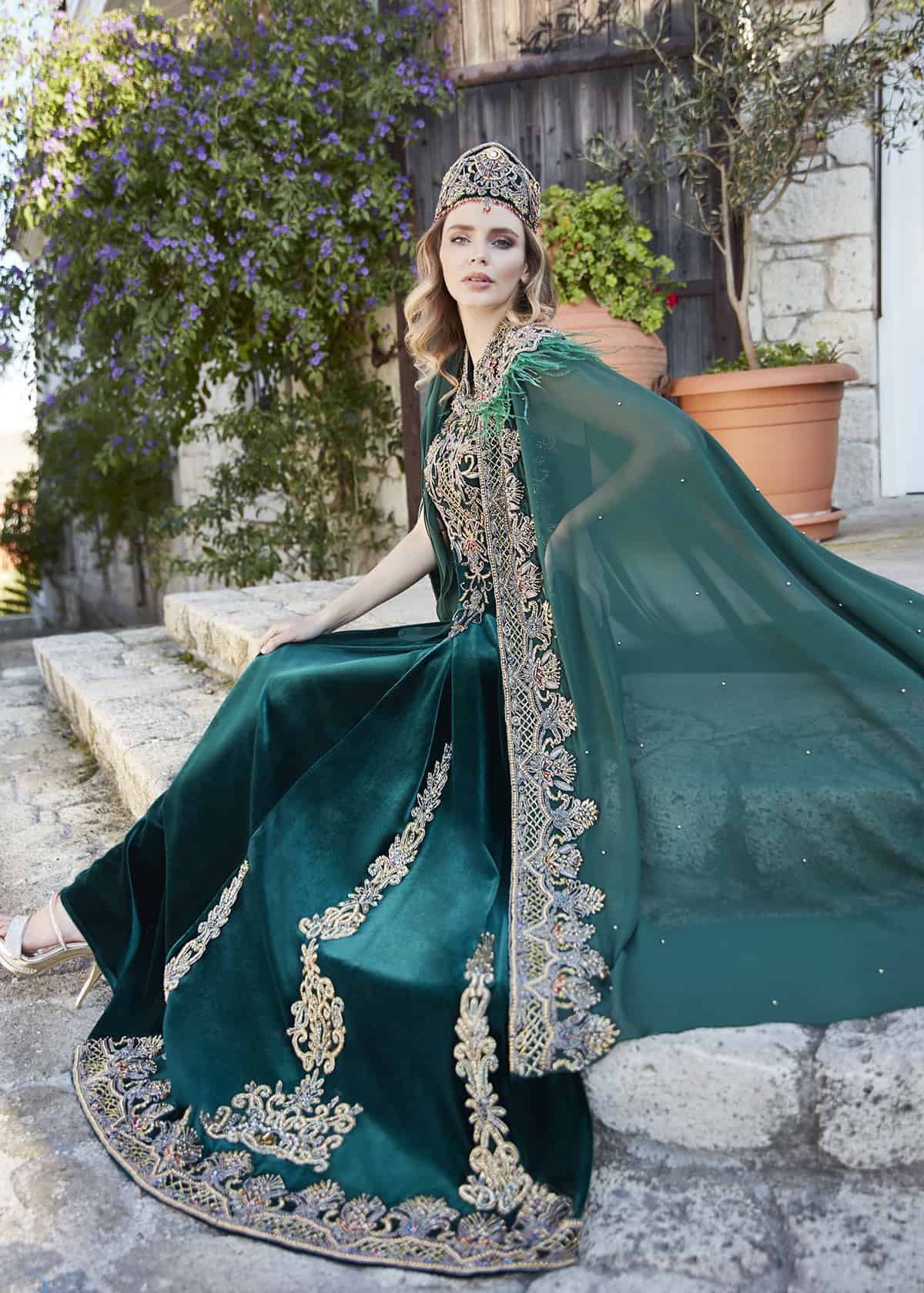 buy cheap affordable fancy Green Cape Gold Applique Hemline Traditional Design Kaftan Gown plus size online fancy gowns boutique