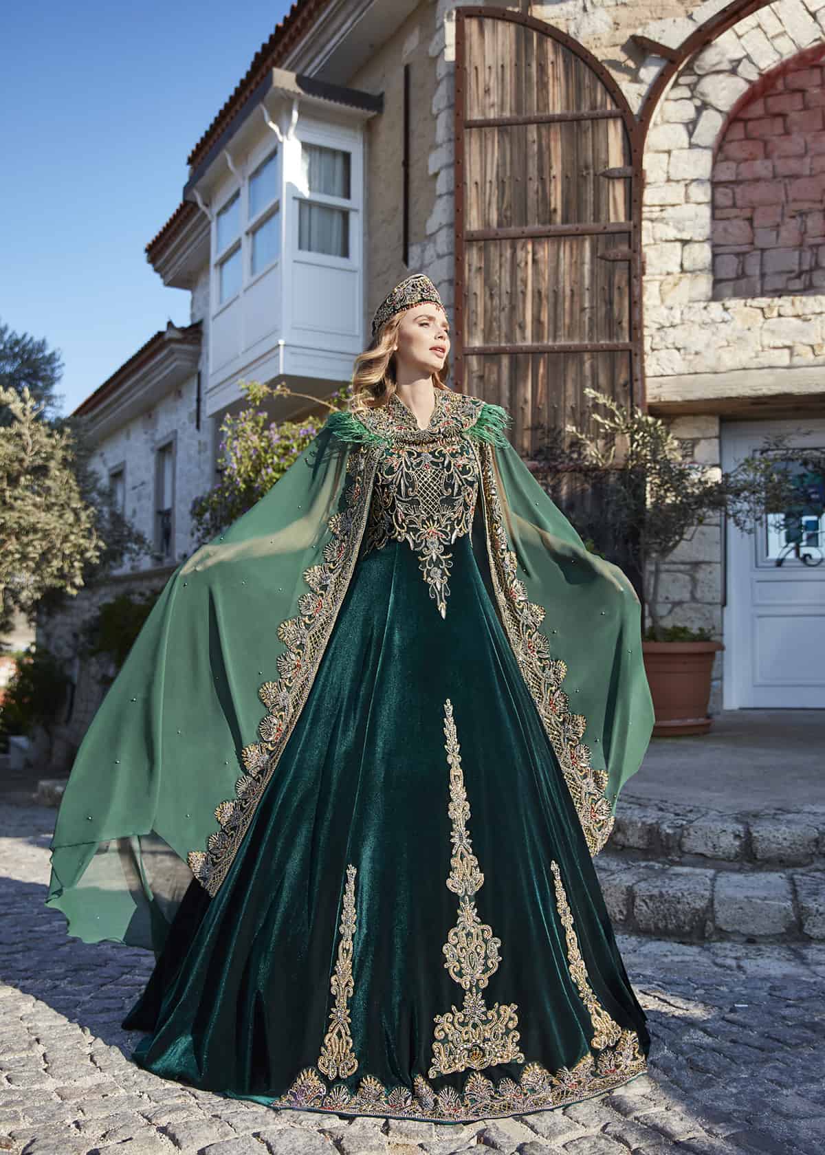 buy Emerald Green Velvet Cape Long Henna Dress online elegant party dresses store