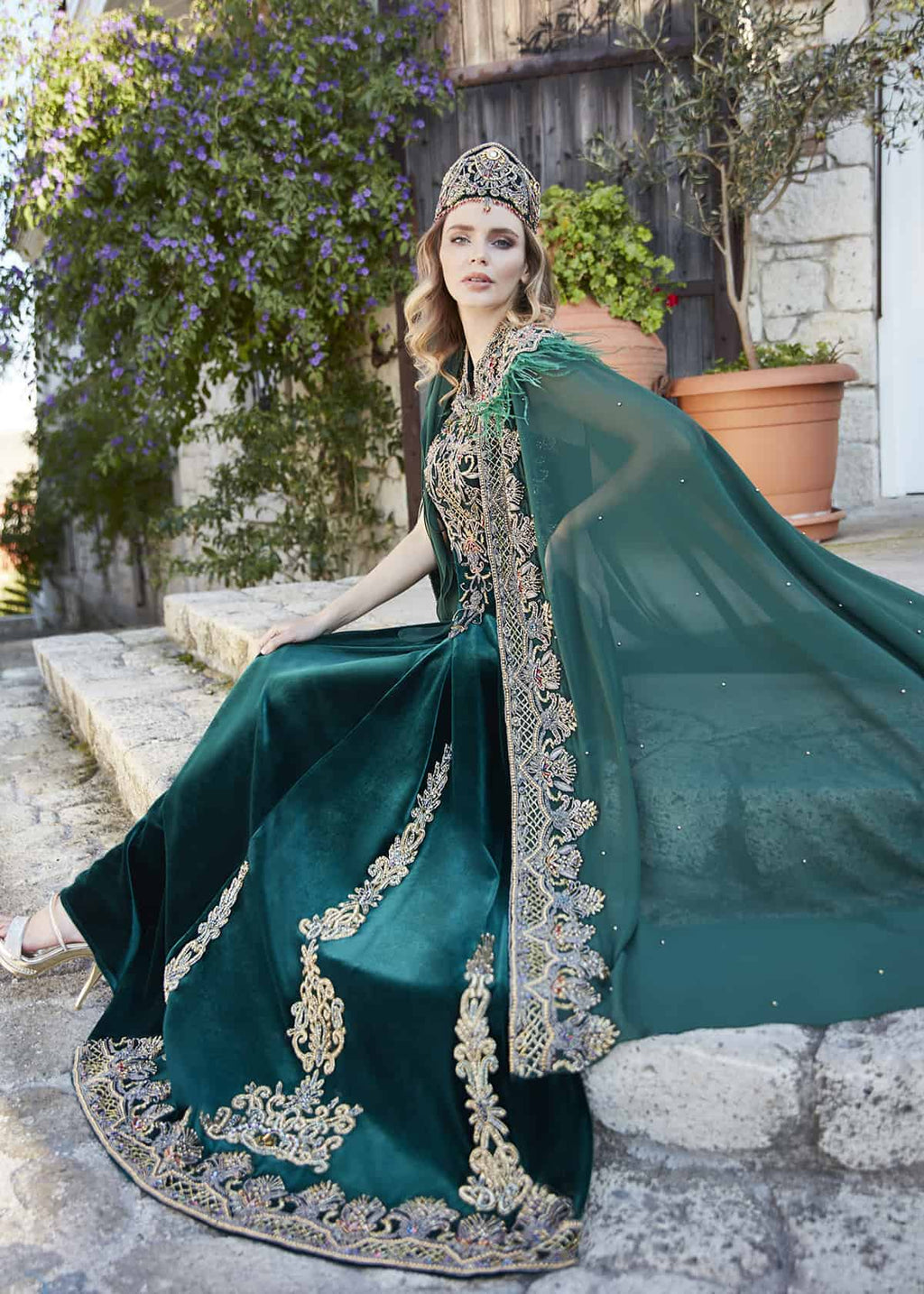 Green Cape Gold Applique Hemline Traditional Design Kaftan Gown 42