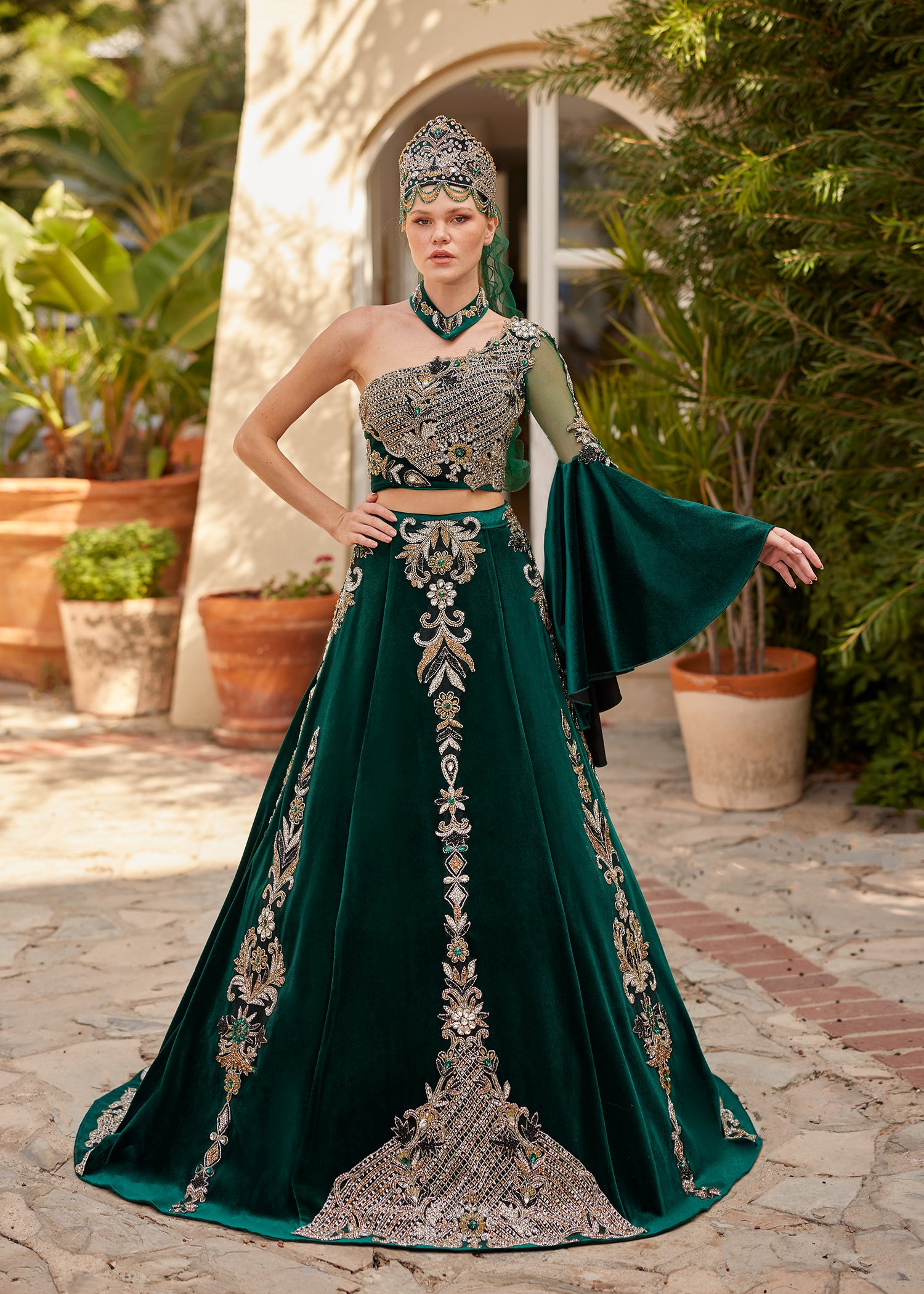 buy Emerald Green One Shoulder Embroidered Kaftan Henna Party Dress