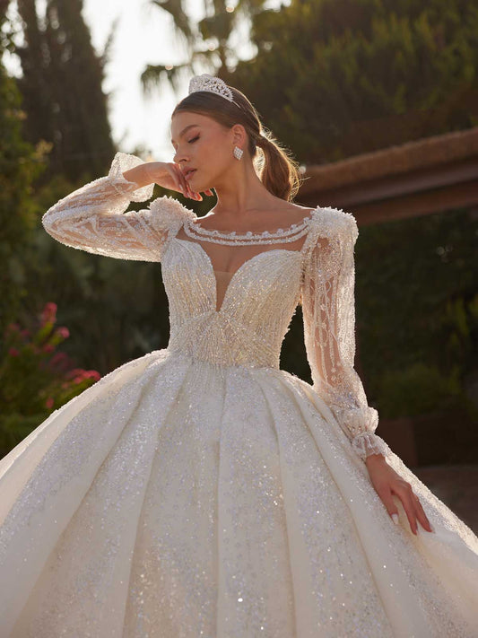 buy Fancy Stunning Princess Ball Gown Winter Puffy Sleeve Wedding Dress plus sizes