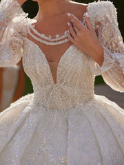 buy illusion neck ball gown with fancy long sleeves online for tall brides cutom sizes