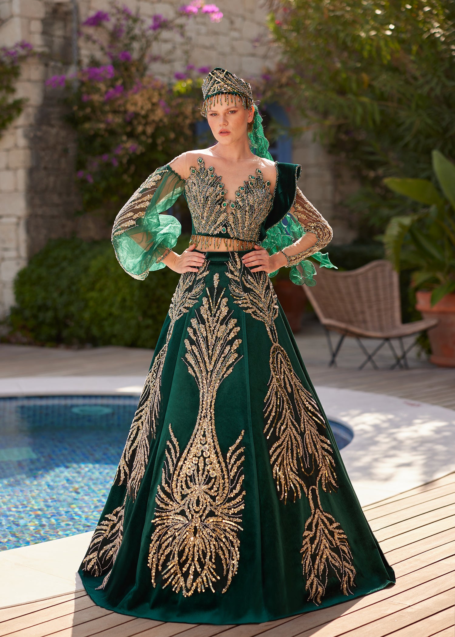 buy Emerald Green Fancy Henna Kaftan Dress With Long Embellished Sleeves online kaftan gowns 