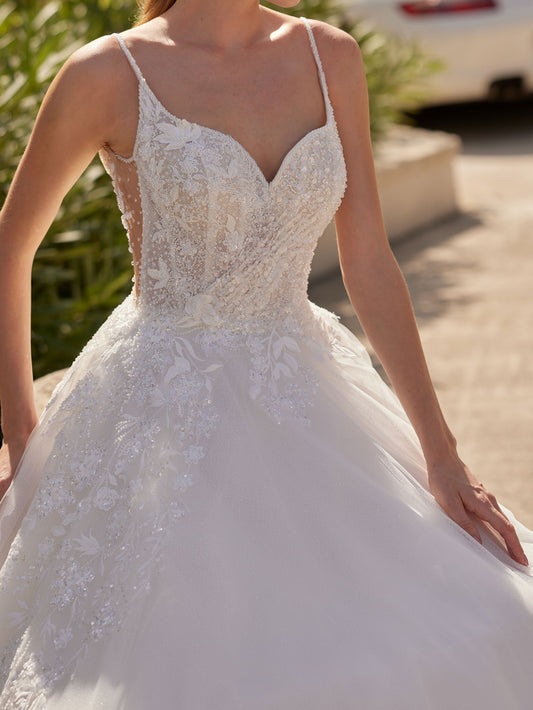buy affordable Romantic Boho A Line Sheer 3D Flower Applique Bridal Gown wedding shops online