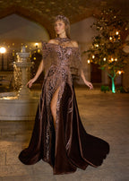 Full-length front view of the 3-piece luxury chocolate brown velvet henna dress set, showcasing the off-shoulder crystal fringe cape, high thigh slit, matching choker necklace, and royal headpiece.
