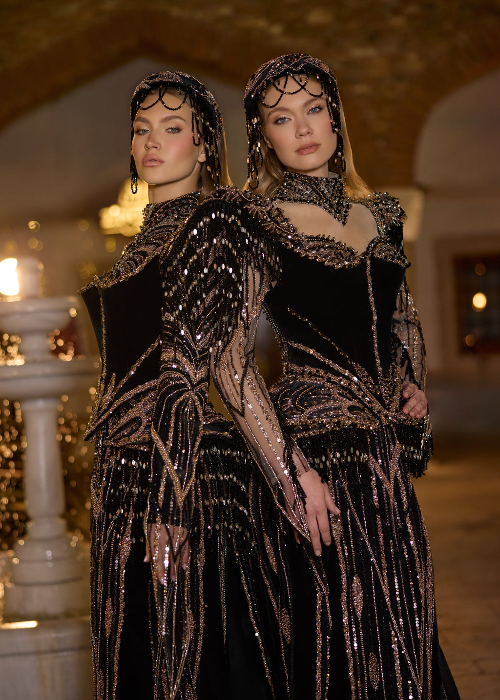 Full-length front view of the 3-piece luxury black velvet henna dress set, displaying the modern keyhole chest cutout gown with matching hand-beaded choker necklace and traditional crystal headpiece.