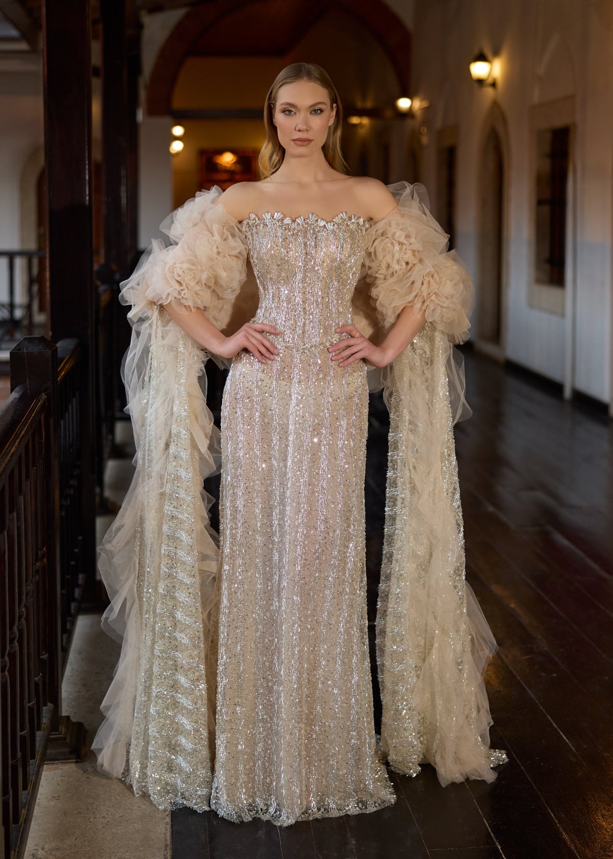 Champagne Crystals Detachable Sleeves Wedding Party Dress 44