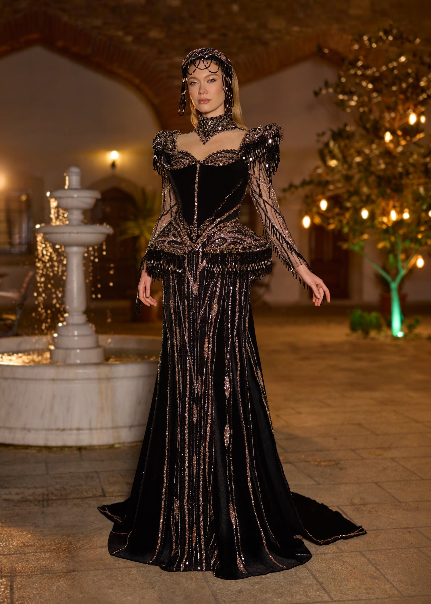 Black Velvet Cutout Henna Dress Set with Choker & Headpiece – Sultan Dress