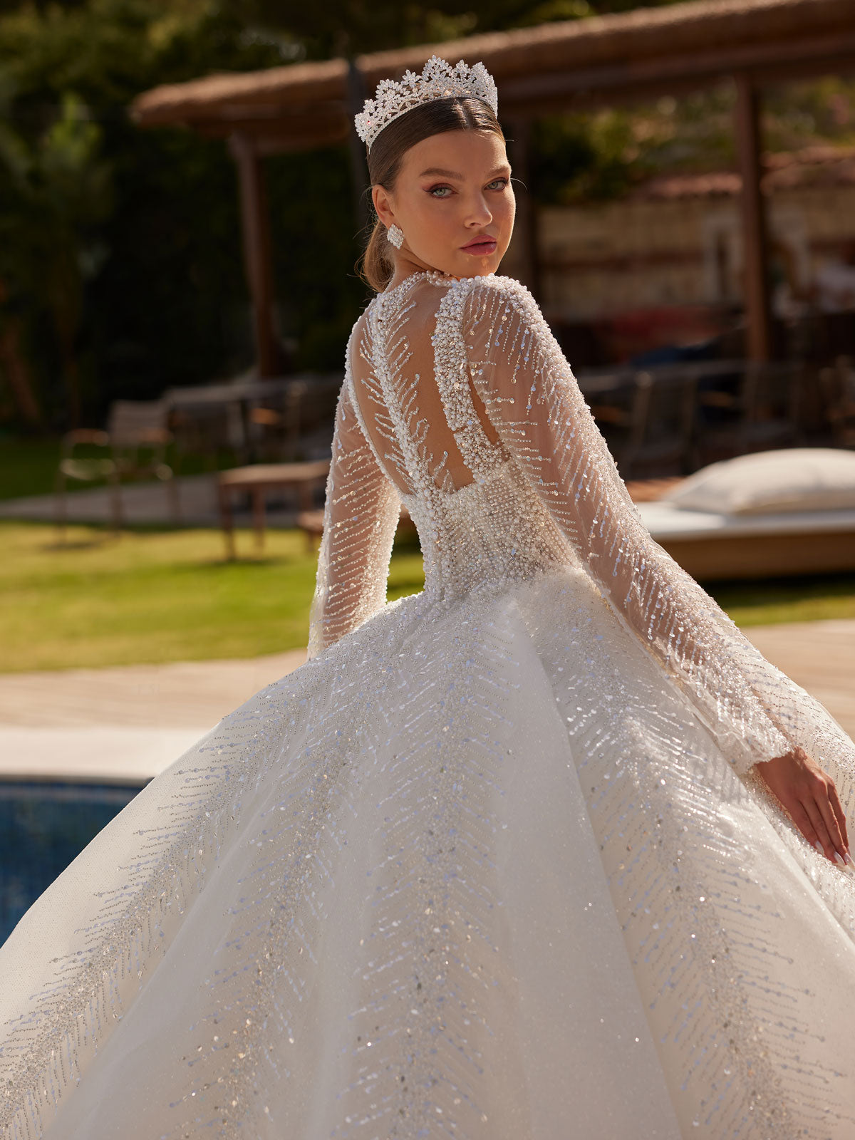 Collar Neck Wedding Dress Sheer Tulle Long Sleeve
