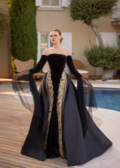 buy Luxury Black Velvet Drapped Mermaid Silhouette Party Gown online wedding gowns