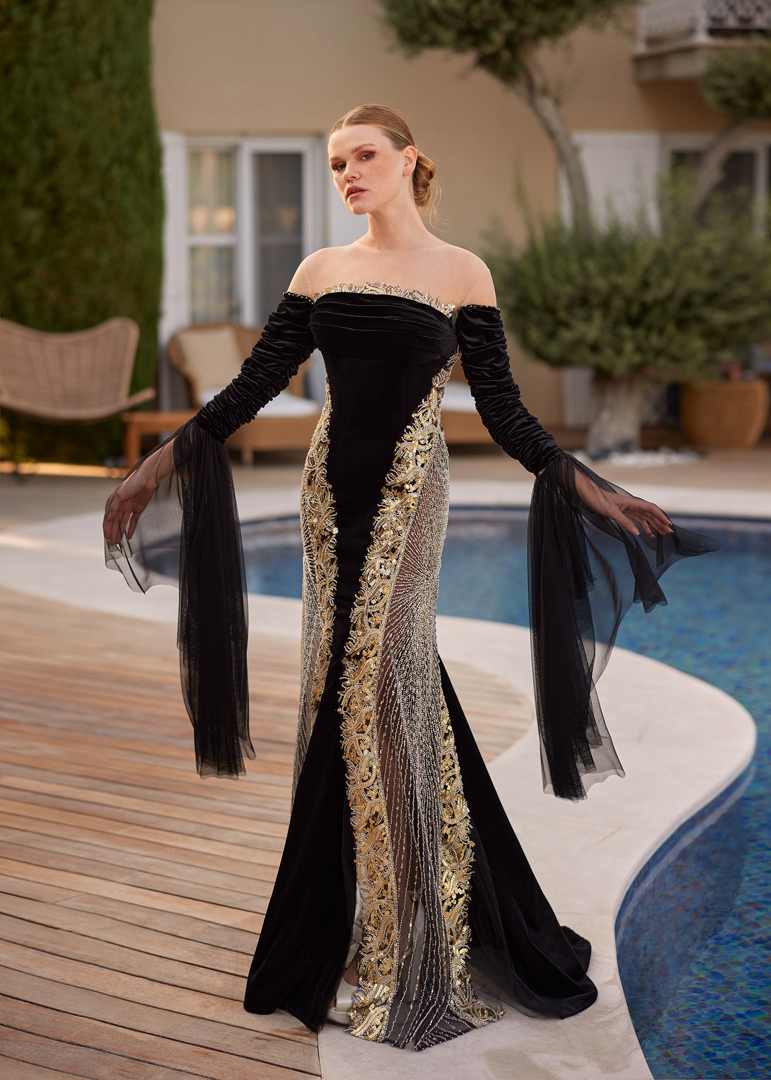 buy asymmetrical embroidered off the shoulder with fancy long sleeve velvet evening dress with detachable train online shop