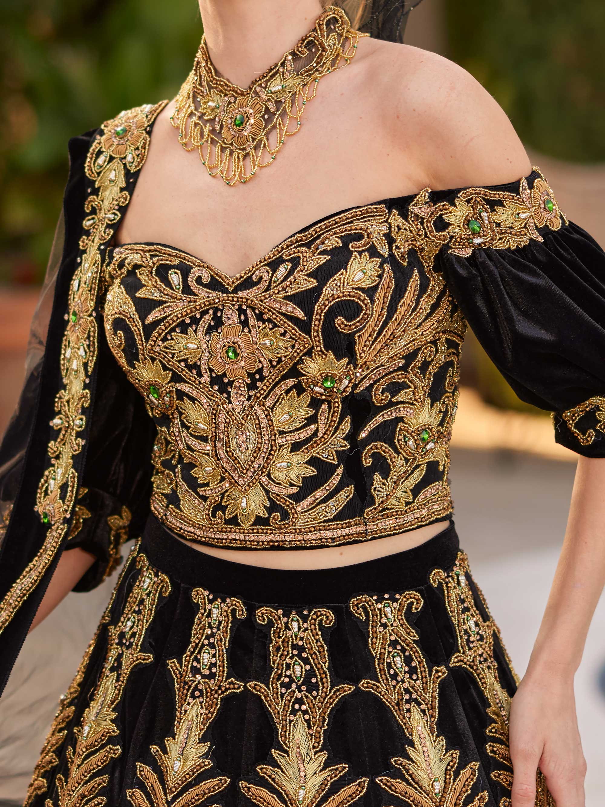 buy sweetheart strapless with short sleeves gold applique embroidered crop top and a line skirt suit online shop for henna dresses