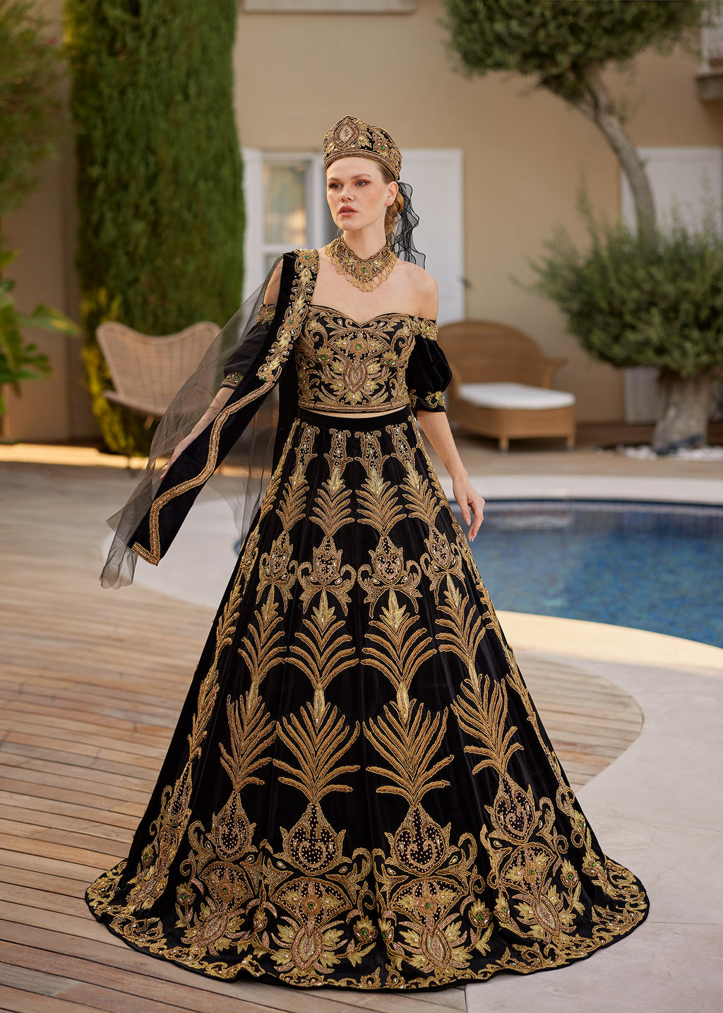 buy Gold Beaded Heavy Embroidered Off Shoulder Henna Dress  online mehndi dress store