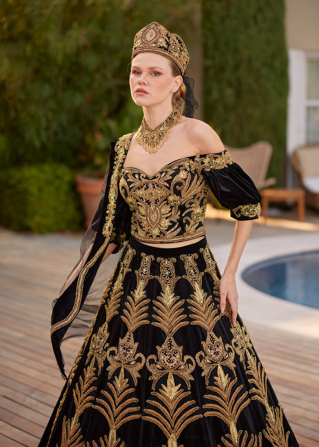 buy affordable off shoulder with puff sleeves applique embellished fitted crop top and a line embellished skirt with dupatta online henna gowns boutique