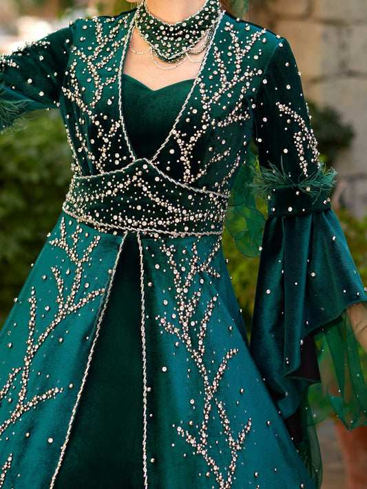 buy rhinestone feather  embellished emerald green velvet A line princess henna party gown dress with best price online henna dresses shop