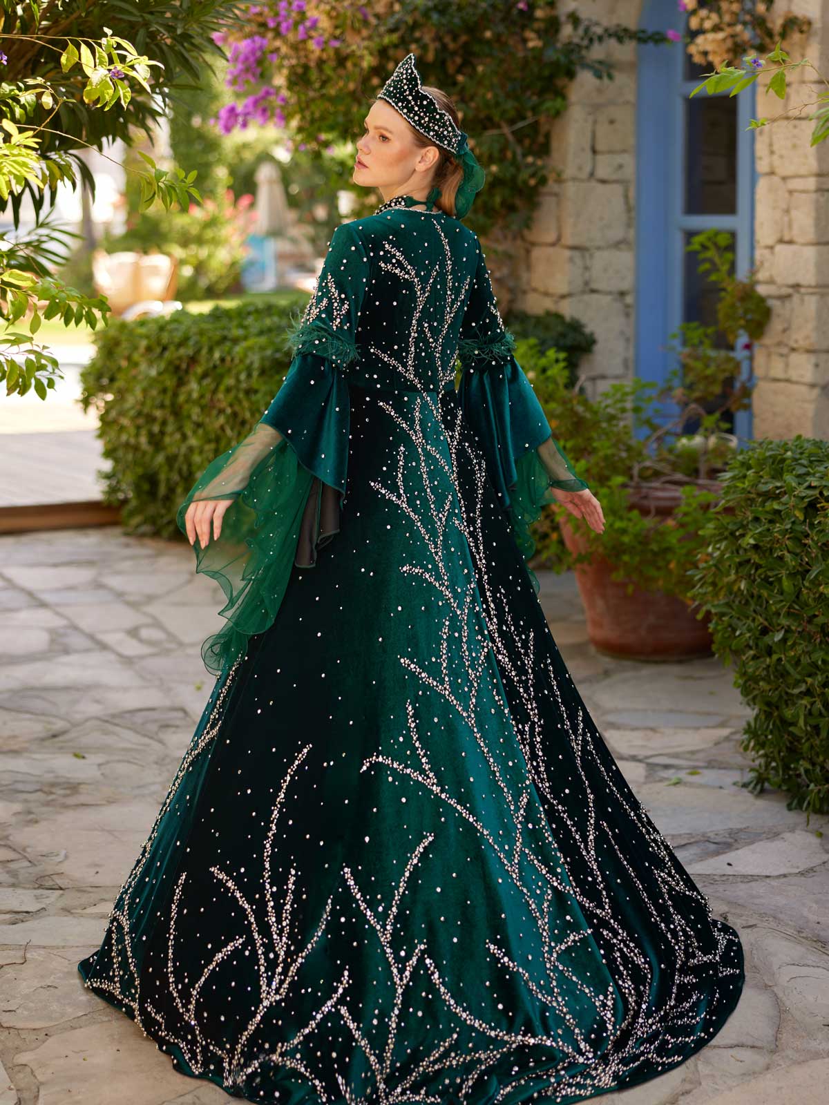 buy court train with butterfly tulle sleeve full embellished sparkling trendy green traditional henna gown for sale plus sizes wedding gowns online
