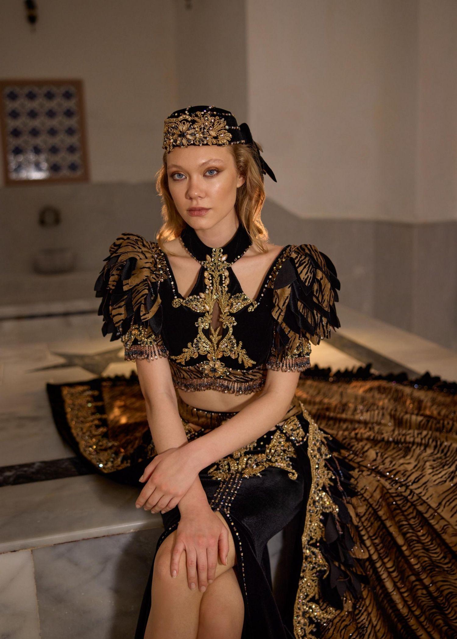 Black Gold Embroidered Layered Traditional Long Party Dress With Detac –  Sultan Dress