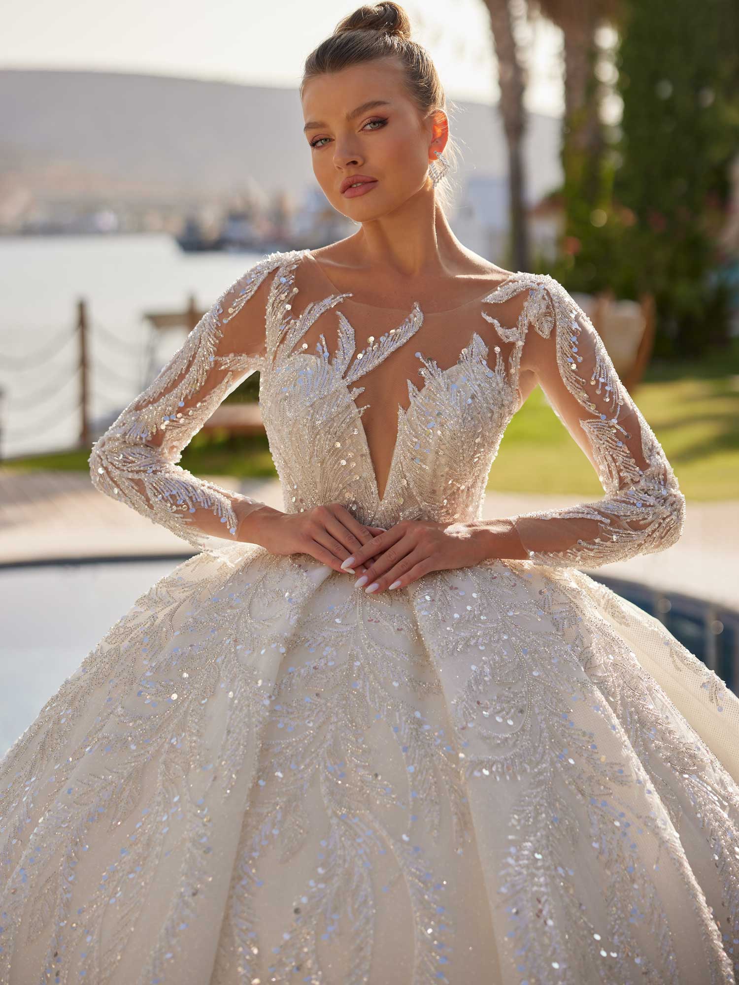 Illusion Lace Wedding Dress V Neckline With Sleeves - Sultan Dress Illusion Lace Wedding Dress V Neckline With Sleeves - Sultan Dress