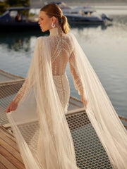buy Sexy Ivory Lace with Nude Tulle Sheer cape sleeve fitted mermaid Wedding Dress online bridal store