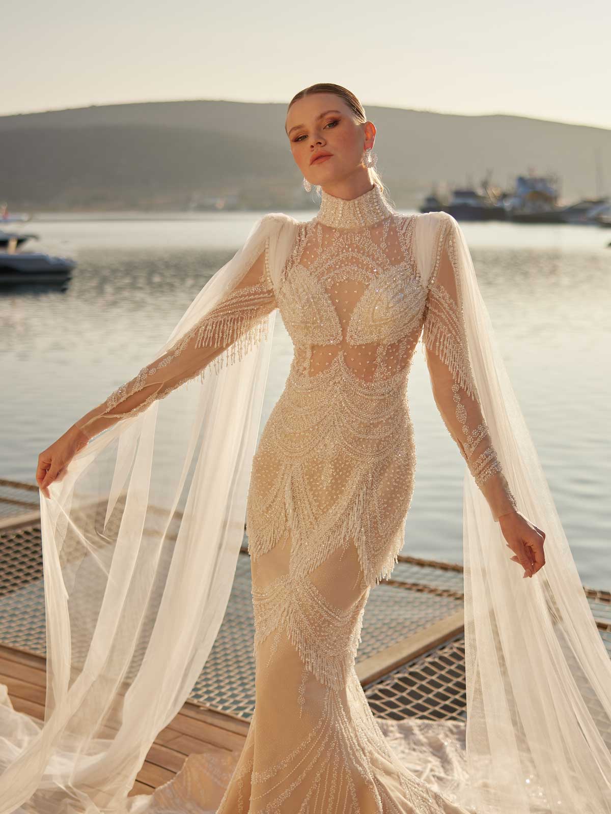 buy elegant Illusion Ivory Lace Wedding Dress with tulle cape long sleeves Bridal Gown  Summer Beach wedding gowns online boutiques