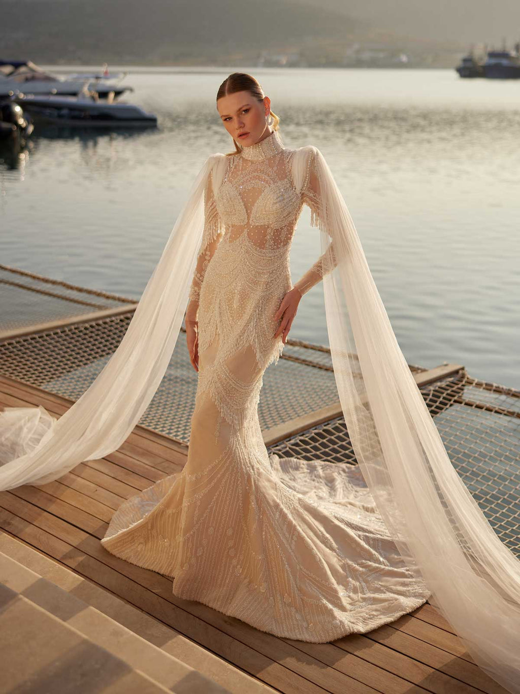 champagne and ivory wedding dress Ivory Long Cape Sleeve Lace Mermaid Trumpet Wedding Dress 36