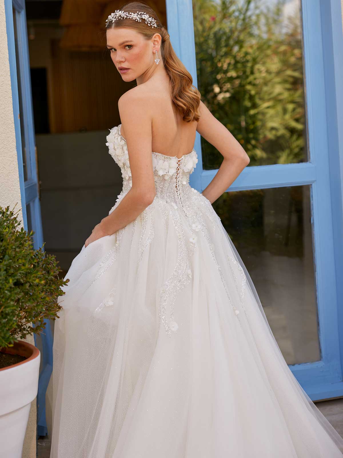 buy 3D Flowers Applique Wedding Dresses Strapless Tulle Beach Chic Boho Bridal Gowns with Crystals edges on sweetheart online bridal gowns website stores