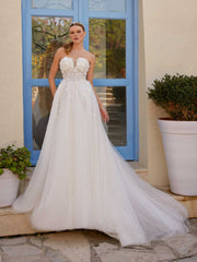 buy Stylish 3D Floral Lace Embellished Strapless A Line Boho Beach Wedding Dress online wedding dresses shopping