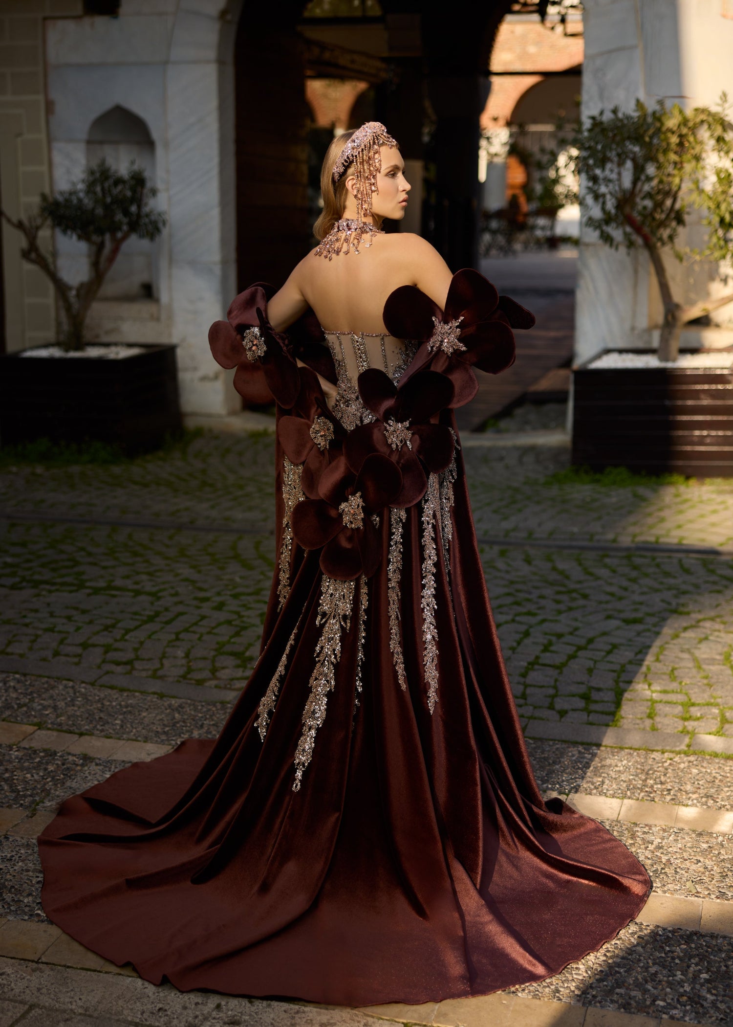Luxury Burgundy Velvet Turkish Henna Gown - Hand-Beaded Floral Bridal Dress