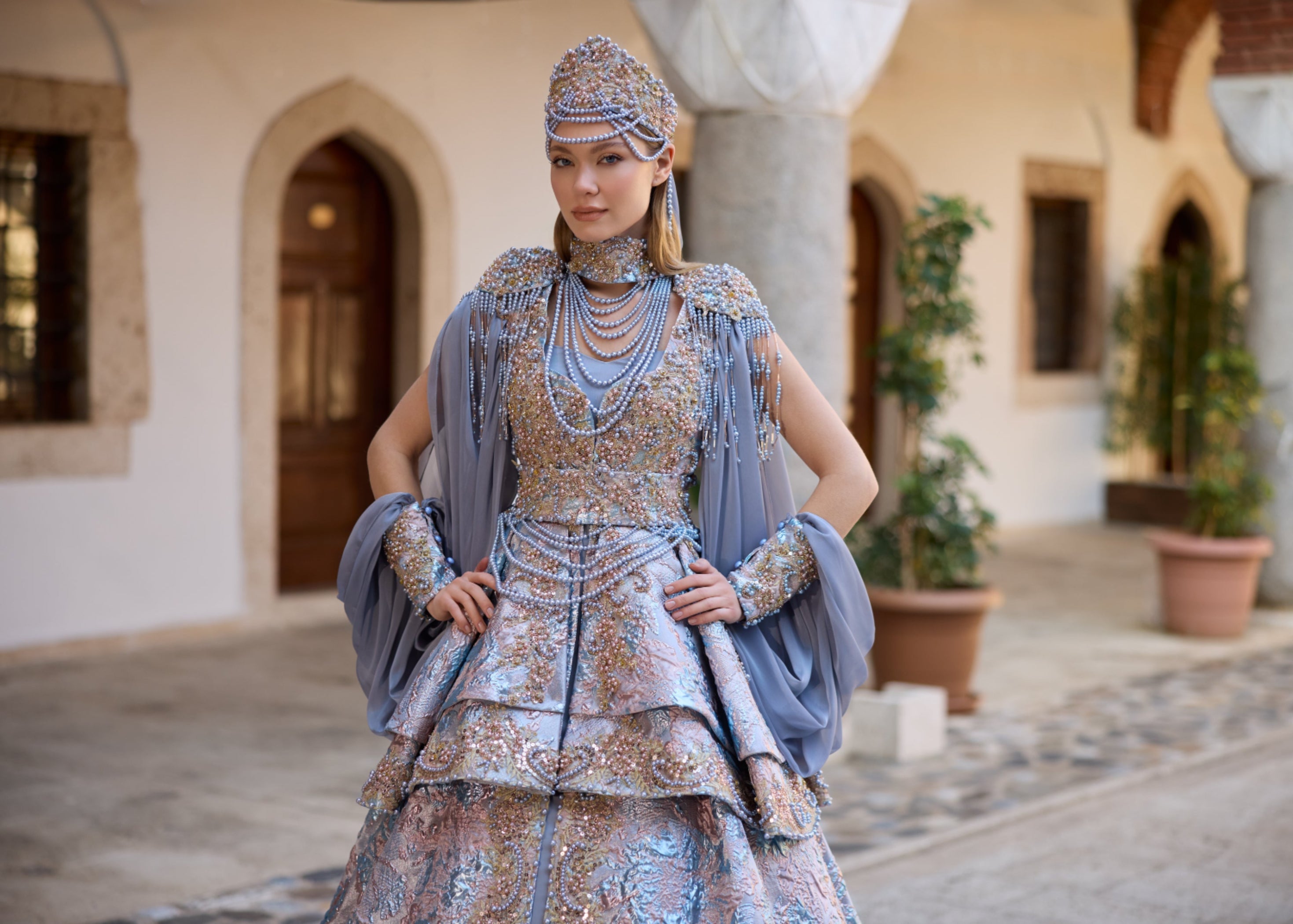 Luxury Ice Blue Turkish Henna Kaftan Dress - Beaded Pastel Bridal Gown