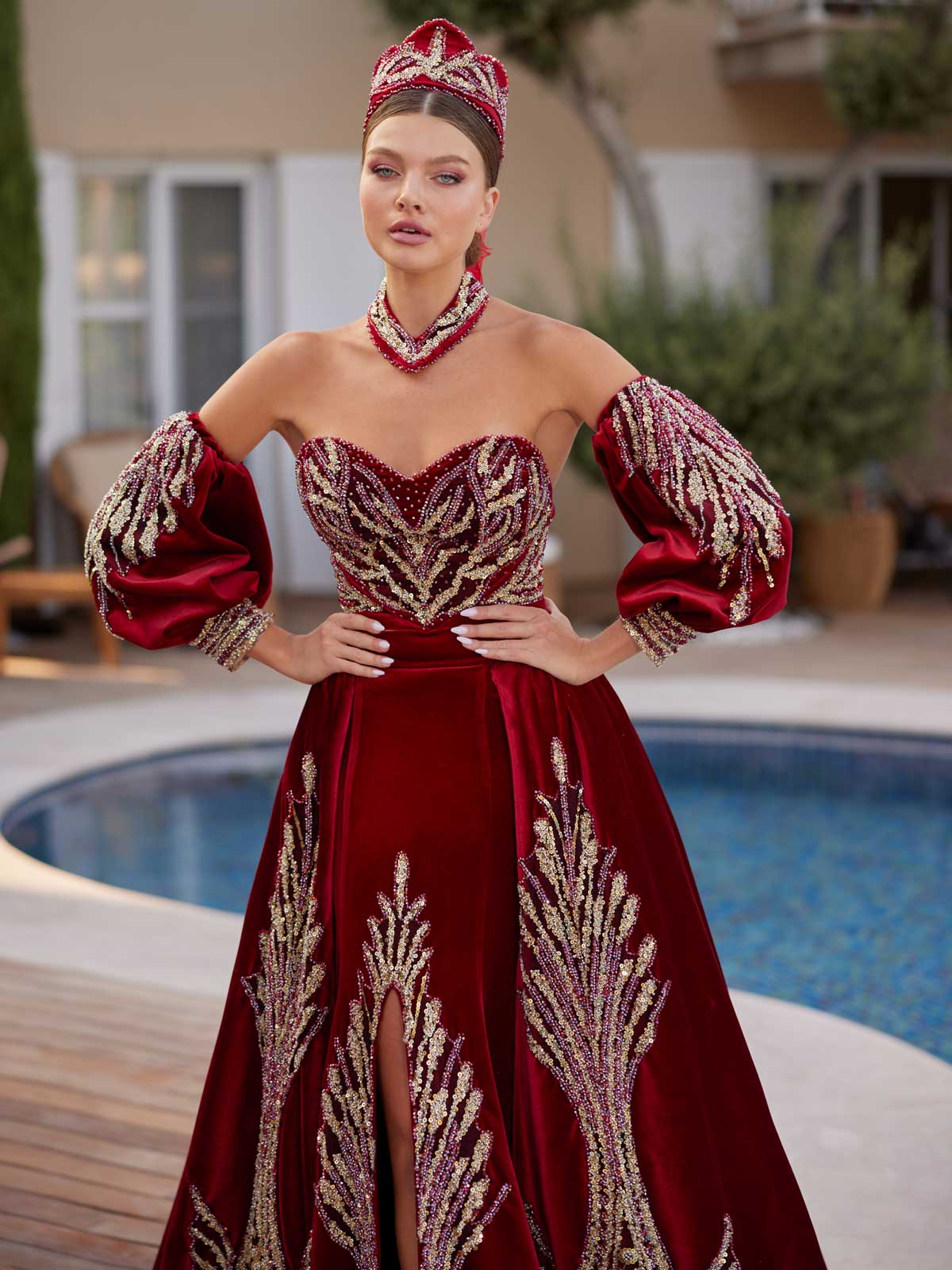 buy Glamorous Red Velvet Gold Sequin Shimmering Henna Gown Dress With Slit online henna gowns boutique