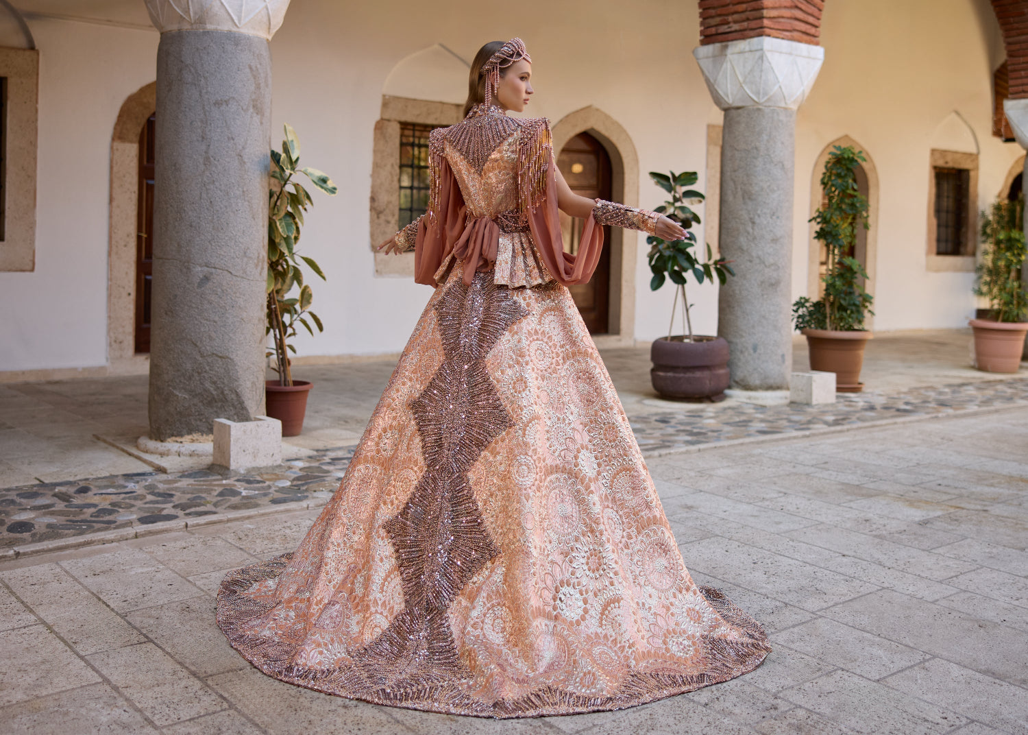 Luxury Rose Gold Turkish Henna Kaftan Dress - Beaded Bridal Abaya Gown