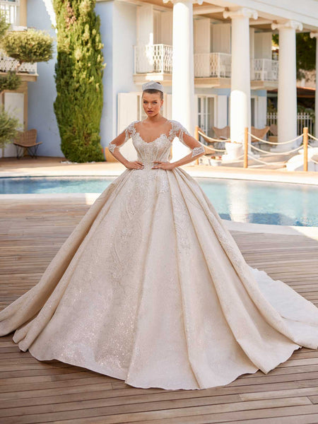 Corset Wedding Gown 3/4 Sleeve Lace V Neckline - Sultan Dress