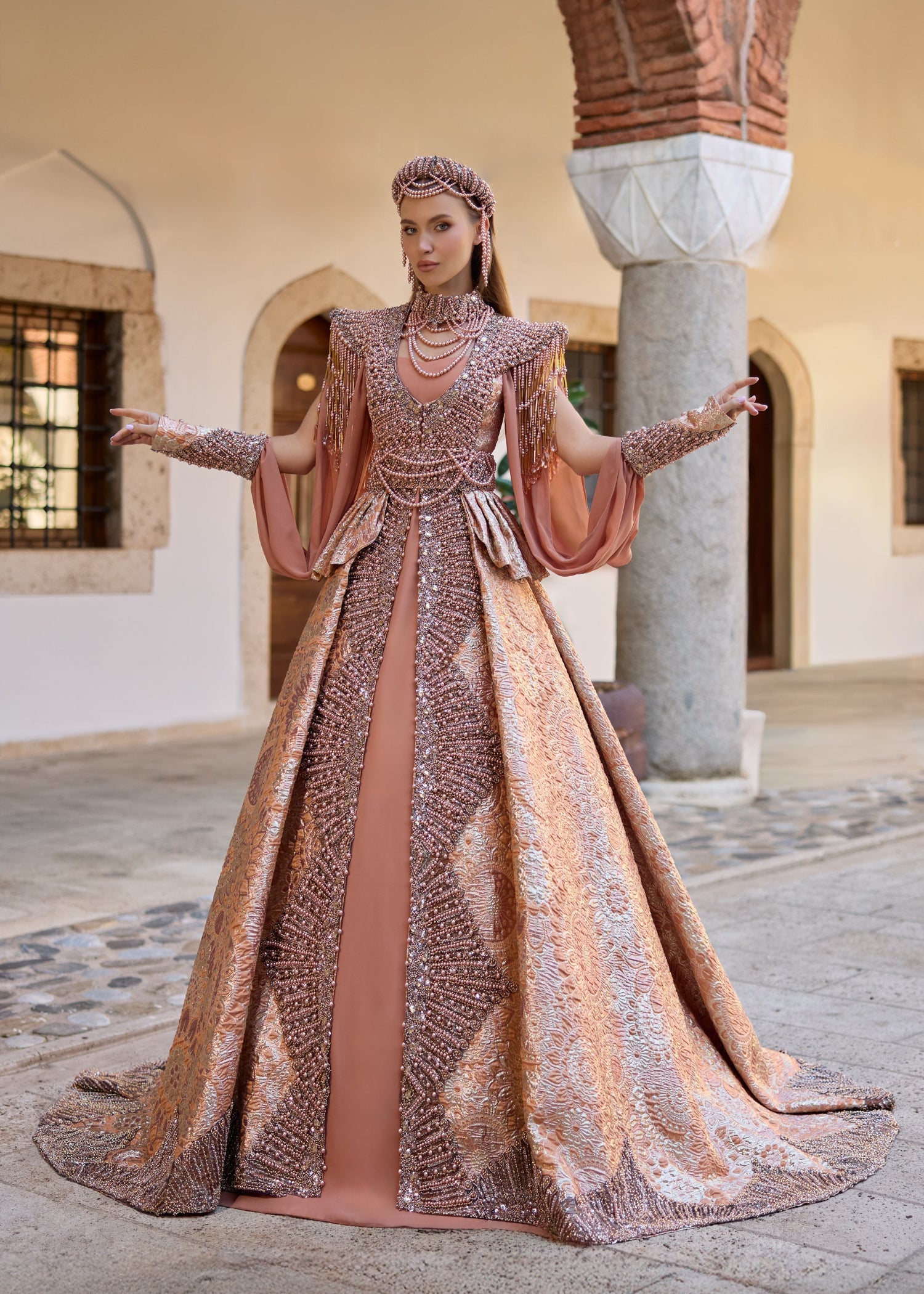 Luxury Rose Gold Turkish Henna Kaftan Dress - Beaded Bridal Abaya Gown
