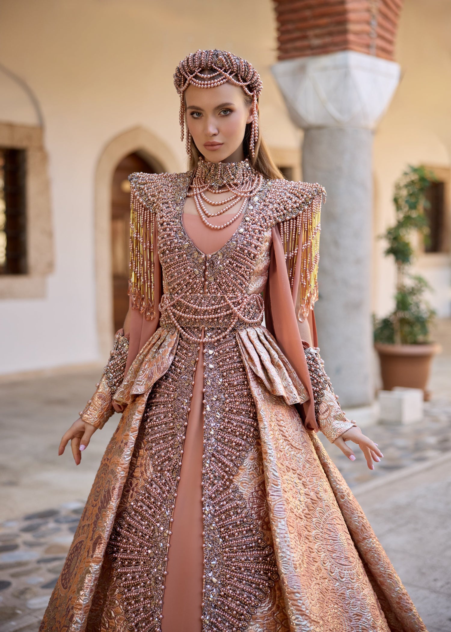 Luxury Rose Gold Turkish Henna Kaftan Dress - Beaded Bridal Abaya Gown