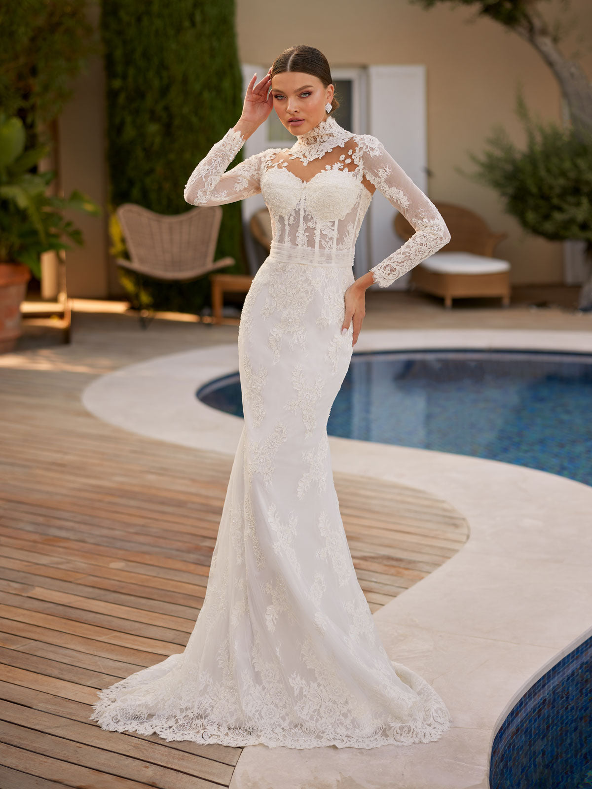 mermaid wedding dress with turtleneck Narice by @wona_concept , NEW DRESS AVAILABLE at LOVE Wedding Atelier , Sleeveless turtleneck top with mermaid tail skirt made of guipure-lace featuring floral ornament all over the dress., Slip